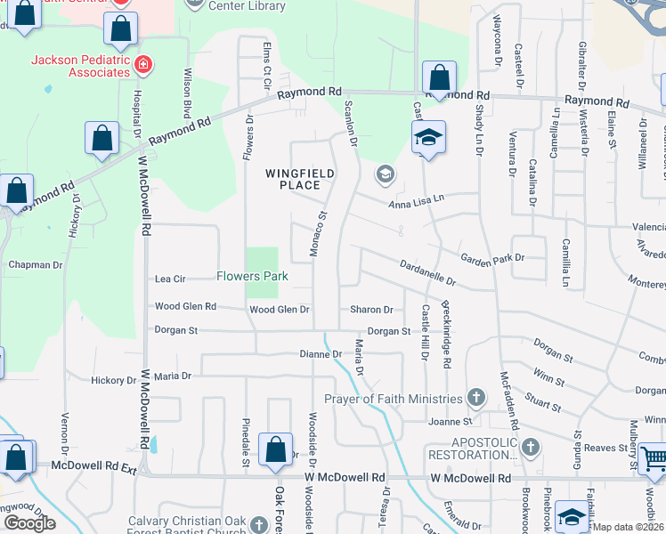 map of restaurants, bars, coffee shops, grocery stores, and more near 2235 Scanlon Drive in Jackson
