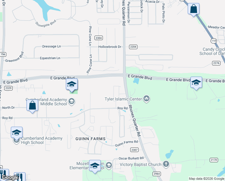 map of restaurants, bars, coffee shops, grocery stores, and more near 2836 Roy Road in Tyler