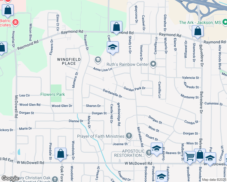 map of restaurants, bars, coffee shops, grocery stores, and more near 2121 Castle Hill Drive in Jackson
