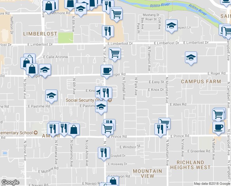 map of restaurants, bars, coffee shops, grocery stores, and more near 742 East Knox Drive in Tucson