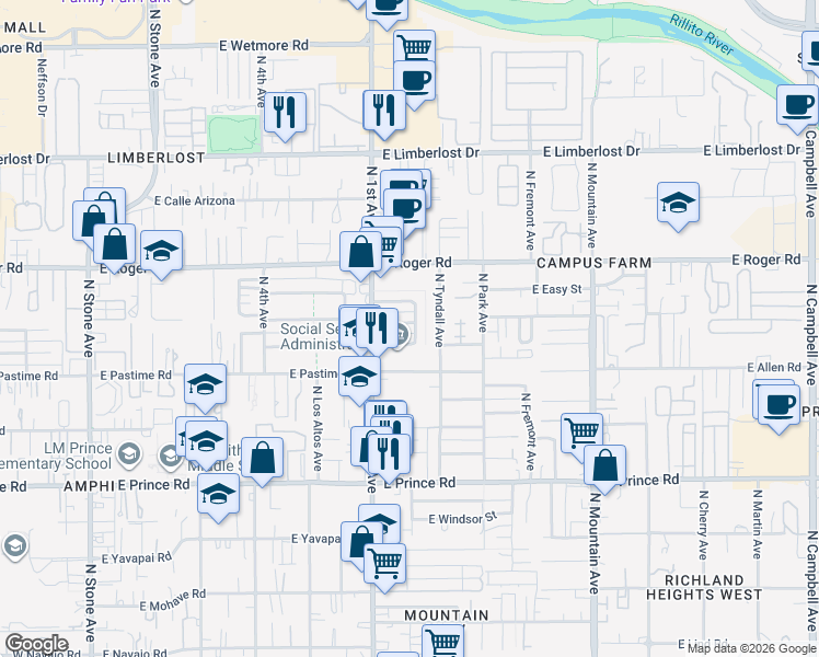 map of restaurants, bars, coffee shops, grocery stores, and more near 742 East Knox Drive in Tucson