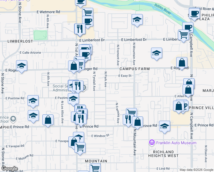 map of restaurants, bars, coffee shops, grocery stores, and more near 3860 North Park Avenue in Tucson