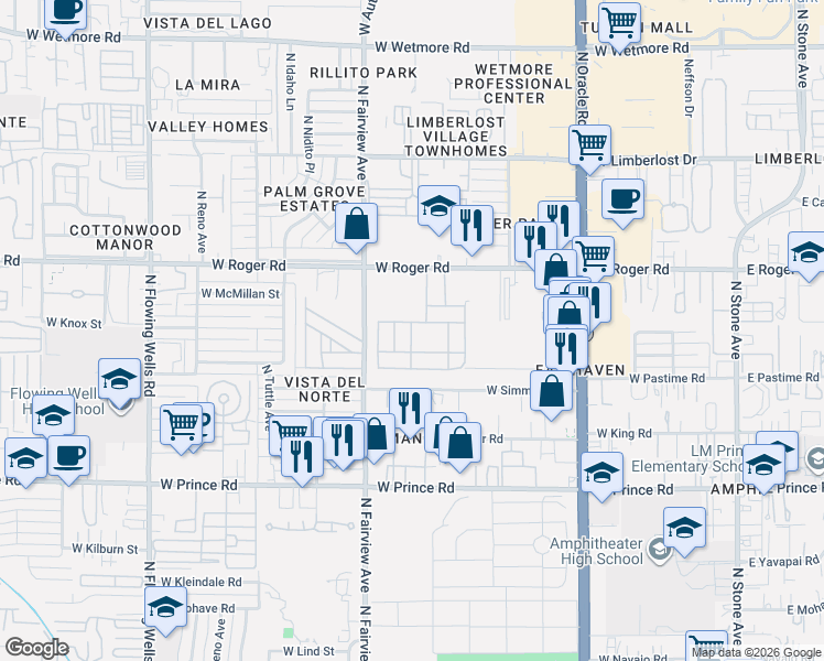 map of restaurants, bars, coffee shops, grocery stores, and more near Souix in Tucson
