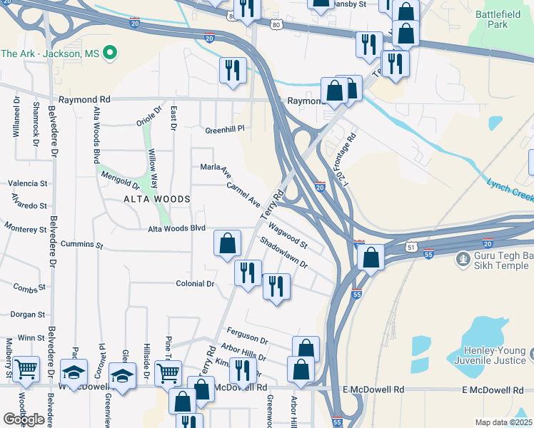 map of restaurants, bars, coffee shops, grocery stores, and more near 2214 Terry Road in Jackson