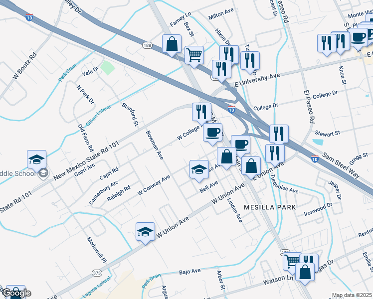 map of restaurants, bars, coffee shops, grocery stores, and more near 310 Sanchez Place in Las Cruces