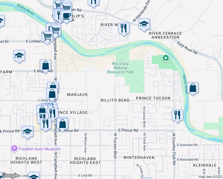 map of restaurants, bars, coffee shops, grocery stores, and more near 3865 North Tucson Boulevard in Tucson
