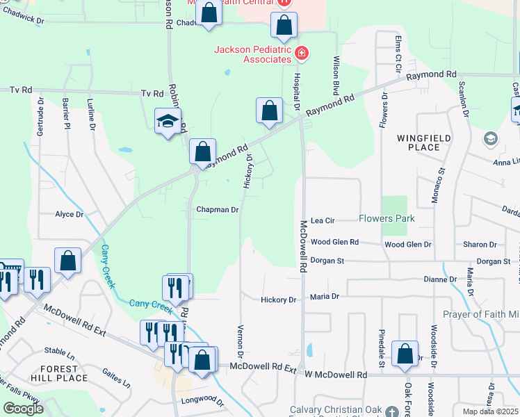 map of restaurants, bars, coffee shops, grocery stores, and more near 2190 Hickory Dr in Jackson