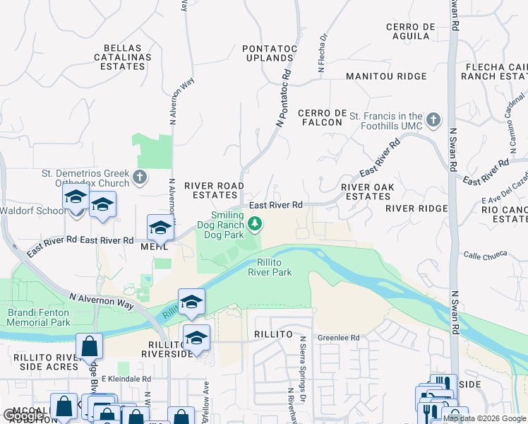 map of restaurants, bars, coffee shops, grocery stores, and more near 4130 East River Road in Tucson