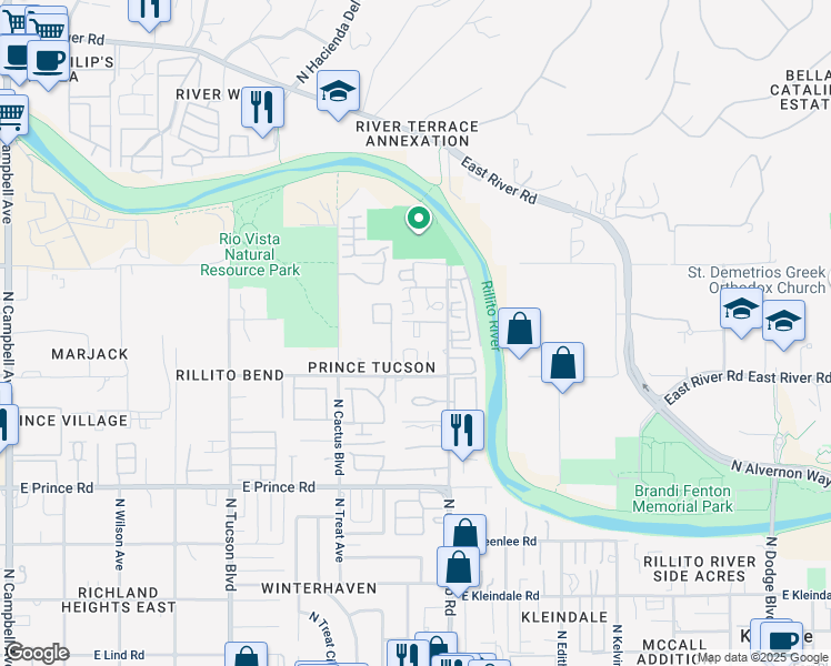 map of restaurants, bars, coffee shops, grocery stores, and more near 3875 North Country Club Road in Tucson