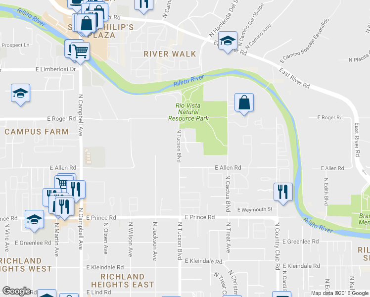 map of restaurants, bars, coffee shops, grocery stores, and more near 3865 North Tucson Boulevard in Tucson