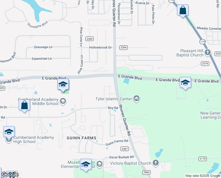map of restaurants, bars, coffee shops, grocery stores, and more near 13838-14098 Rhones Quarter Road in Tyler