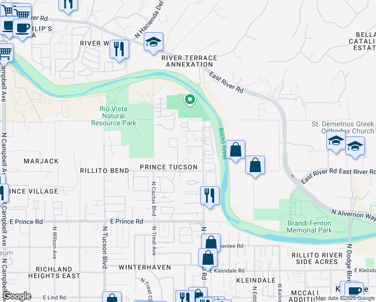 map of restaurants, bars, coffee shops, grocery stores, and more near 3875 North Country Club Road in Tucson