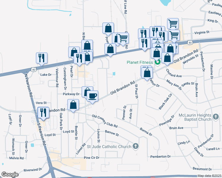 map of restaurants, bars, coffee shops, grocery stores, and more near 2608 Old Brandon Road in Pearl