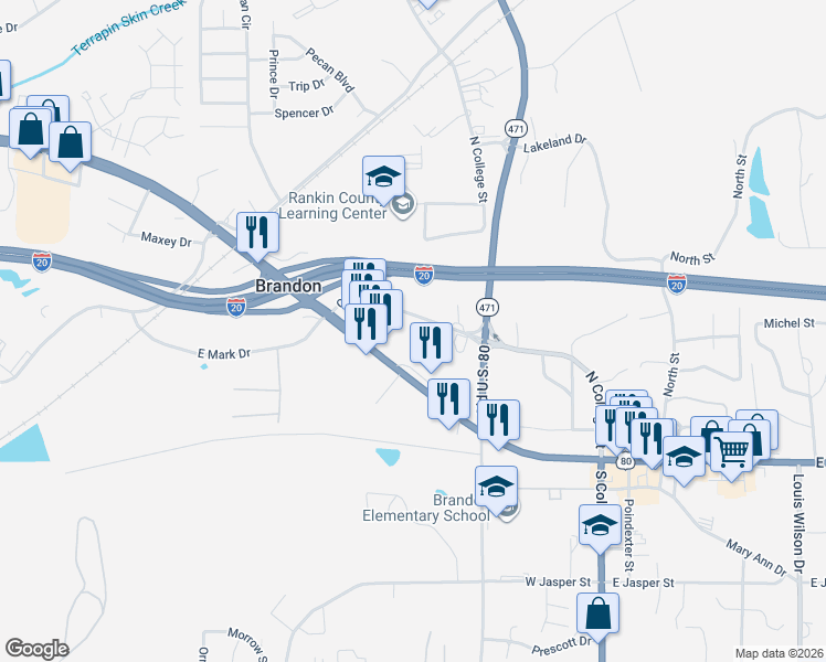 map of restaurants, bars, coffee shops, grocery stores, and more near 900 West Government Street in Brandon