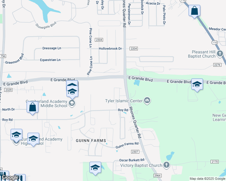 map of restaurants, bars, coffee shops, grocery stores, and more near 2836 Roy Road in Tyler