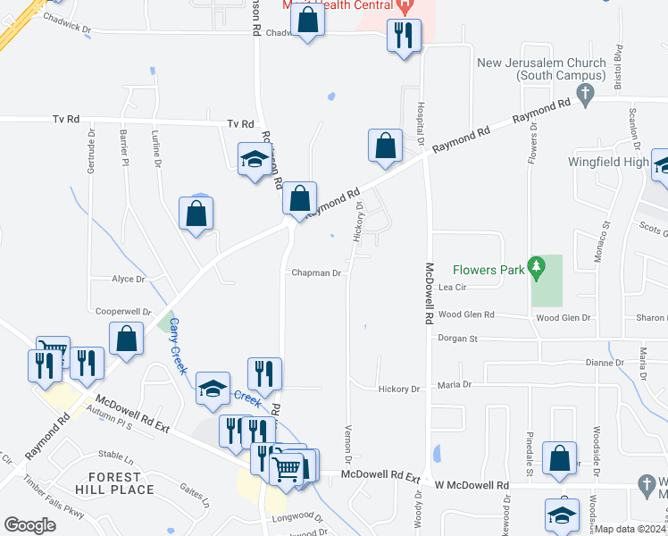 map of restaurants, bars, coffee shops, grocery stores, and more near 1614 Chapman Drive in Jackson