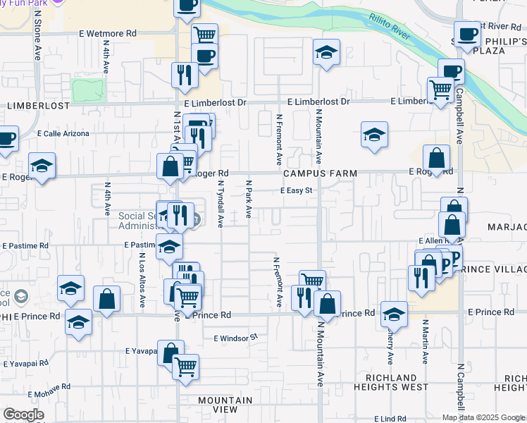 map of restaurants, bars, coffee shops, grocery stores, and more near 3860 North Park Avenue in Tucson