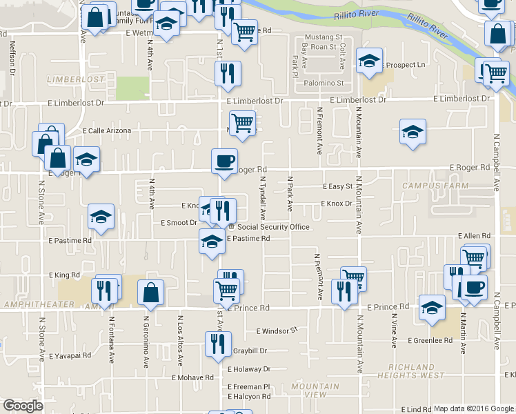 map of restaurants, bars, coffee shops, grocery stores, and more near 3844 North Tyndall Avenue in Tucson