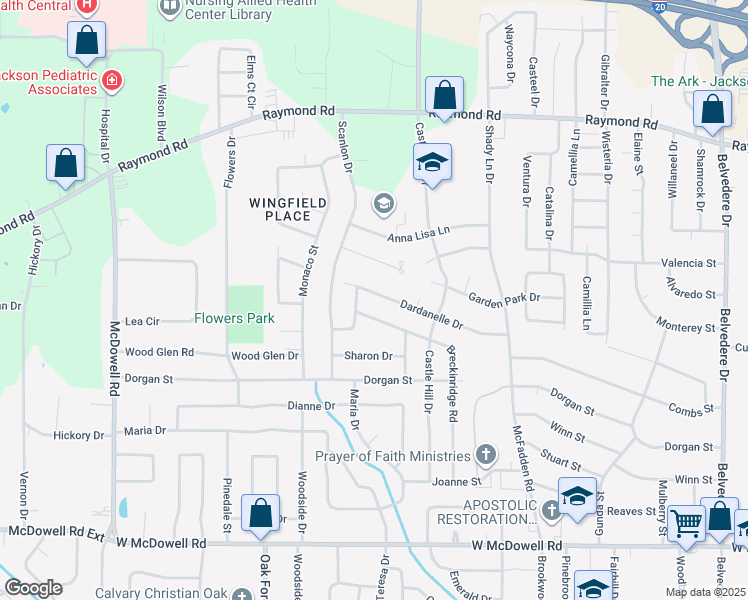 map of restaurants, bars, coffee shops, grocery stores, and more near 1237 Dardanelle Drive in Jackson