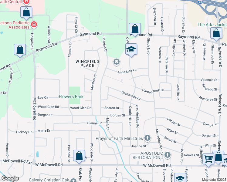 map of restaurants, bars, coffee shops, grocery stores, and more near 1237 Dardanelle Drive in Jackson