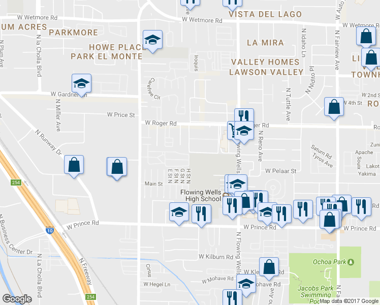 map of restaurants, bars, coffee shops, grocery stores, and more near 1595 West Knox Street in Tucson