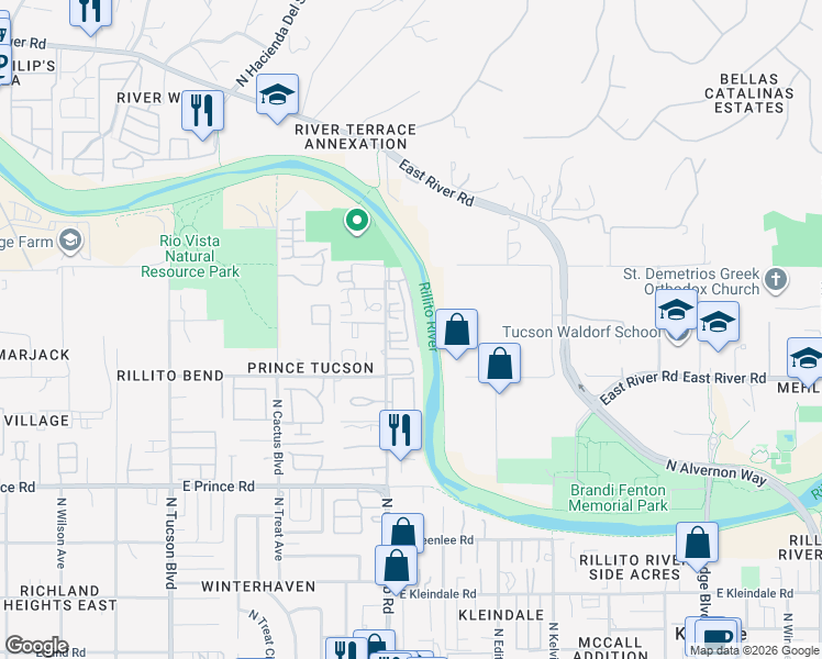 map of restaurants, bars, coffee shops, grocery stores, and more near 3890 North Paseo De Las Canchas in Tucson
