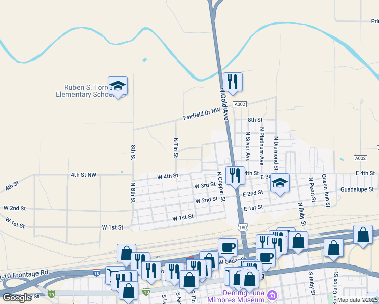 map of restaurants, bars, coffee shops, grocery stores, and more near North Iron Street in Deming