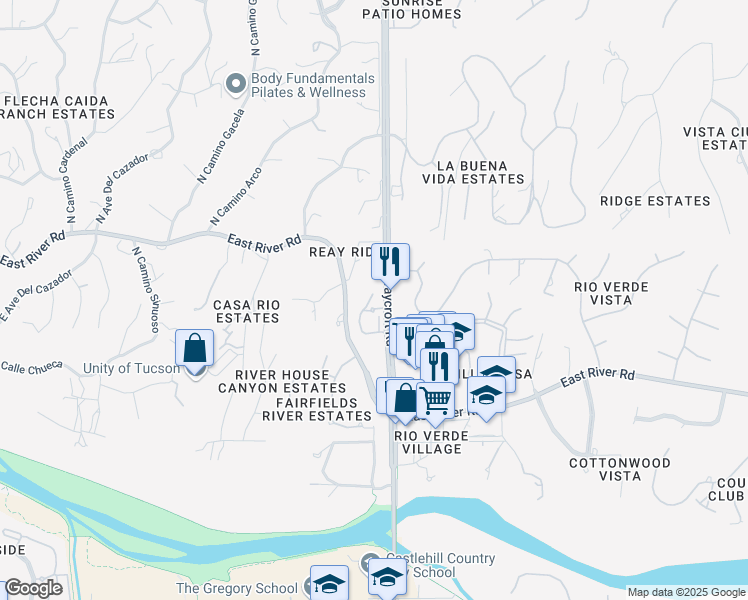 map of restaurants, bars, coffee shops, grocery stores, and more near 5475 East Forest Park Place in Tucson