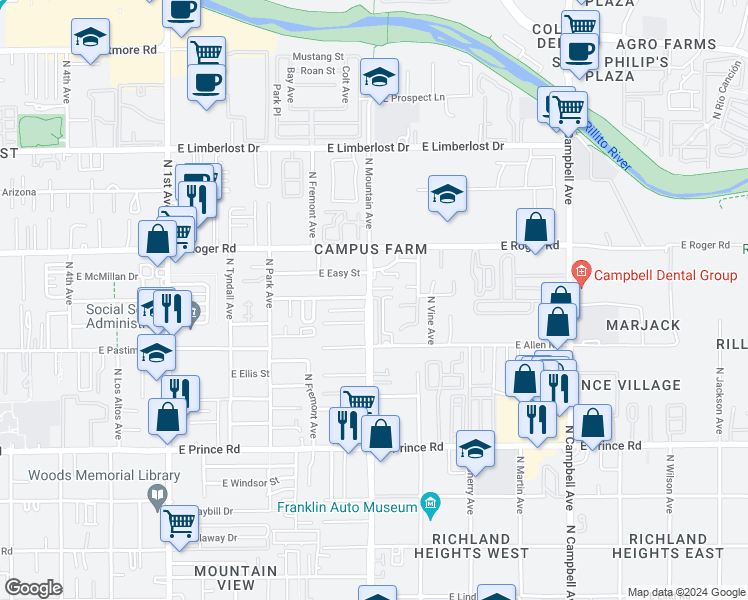 map of restaurants, bars, coffee shops, grocery stores, and more near 1341 East Allen Road in Tucson