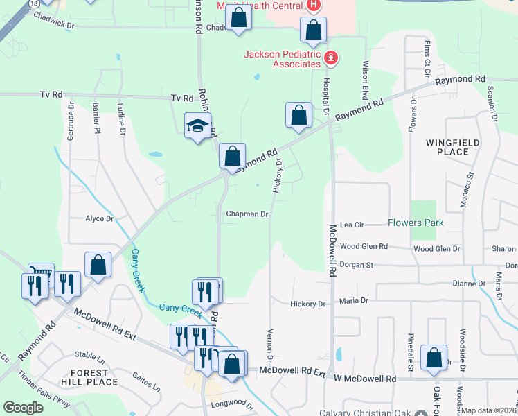 map of restaurants, bars, coffee shops, grocery stores, and more near 1613 Chapman Drive in Jackson