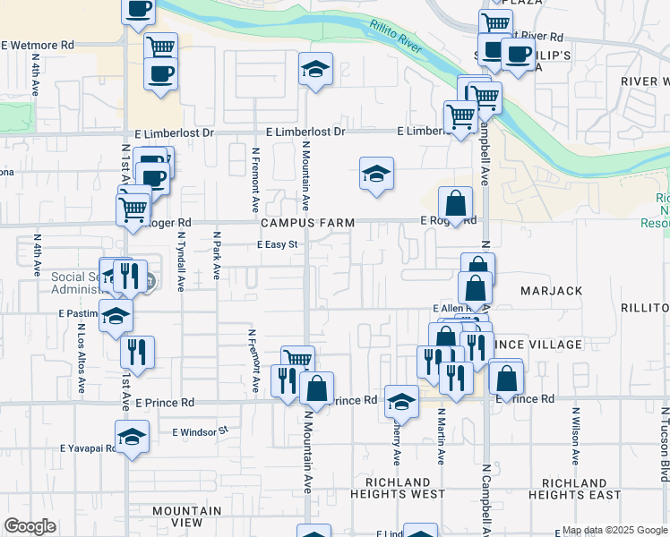 map of restaurants, bars, coffee shops, grocery stores, and more near 1391 East English Ivy Court in Tucson