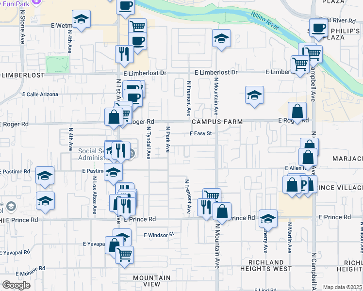 map of restaurants, bars, coffee shops, grocery stores, and more near 3853 North Muriel Avenue in Tucson
