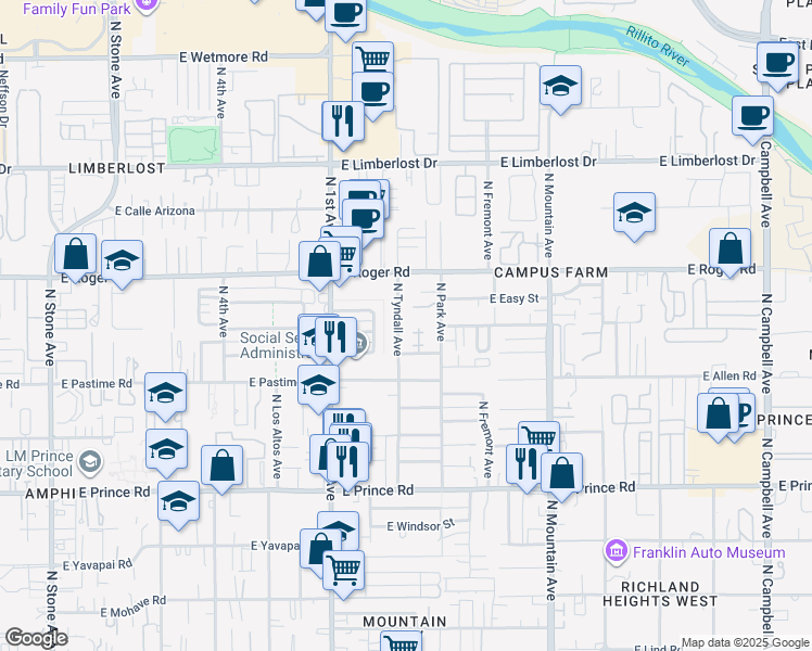 map of restaurants, bars, coffee shops, grocery stores, and more near 3844 North Tyndall Avenue in Tucson