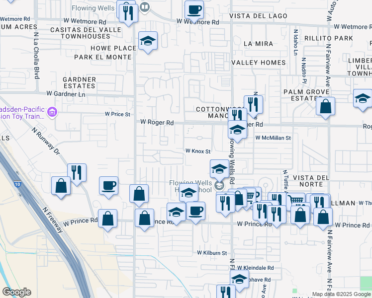 map of restaurants, bars, coffee shops, grocery stores, and more near 1595 West Knox Street in Tucson