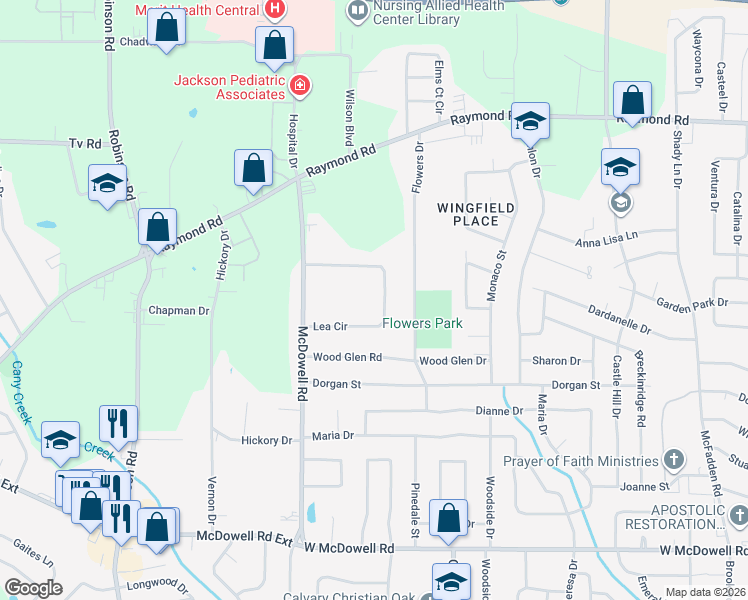 map of restaurants, bars, coffee shops, grocery stores, and more near 259 Lea Circle in Jackson