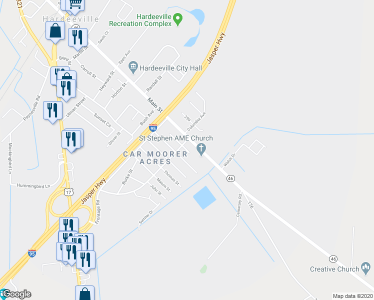 map of restaurants, bars, coffee shops, grocery stores, and more near 704 Shirley Street in Hardeeville