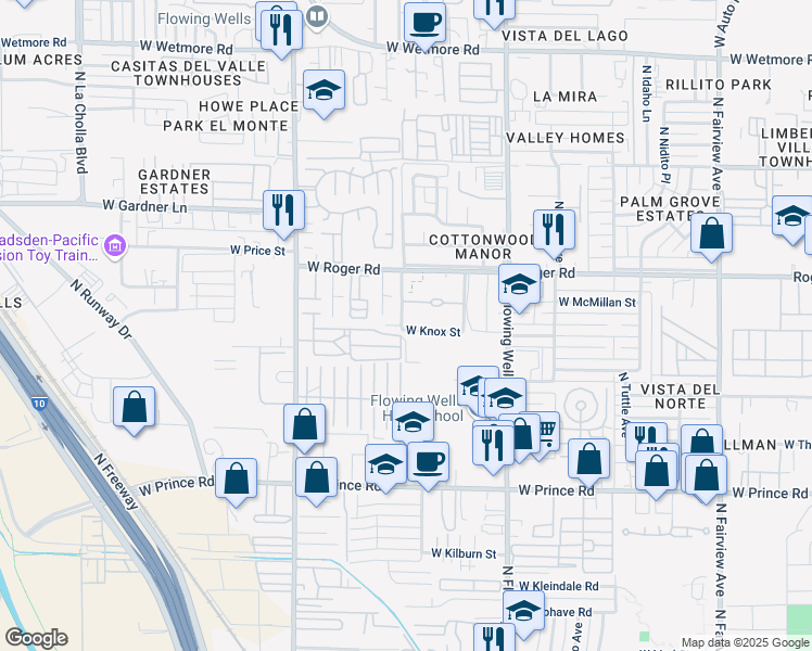 map of restaurants, bars, coffee shops, grocery stores, and more near 1595 West Knox Street in Tucson