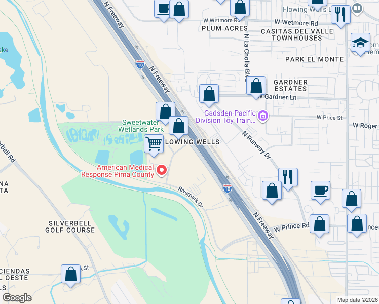 map of restaurants, bars, coffee shops, grocery stores, and more near 3895 North Business Center Drive in Tucson