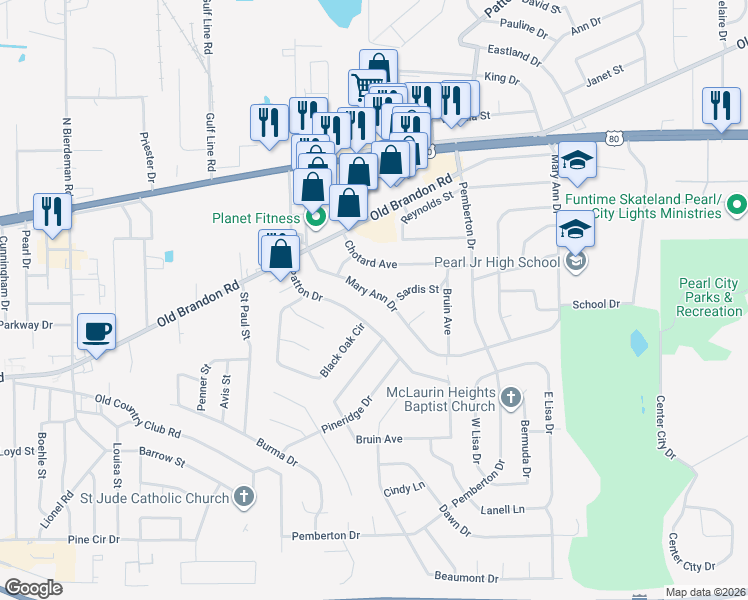 map of restaurants, bars, coffee shops, grocery stores, and more near 607 Mary Ann Drive in Pearl