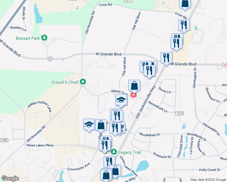 map of restaurants, bars, coffee shops, grocery stores, and more near Elkton Trail in Tyler