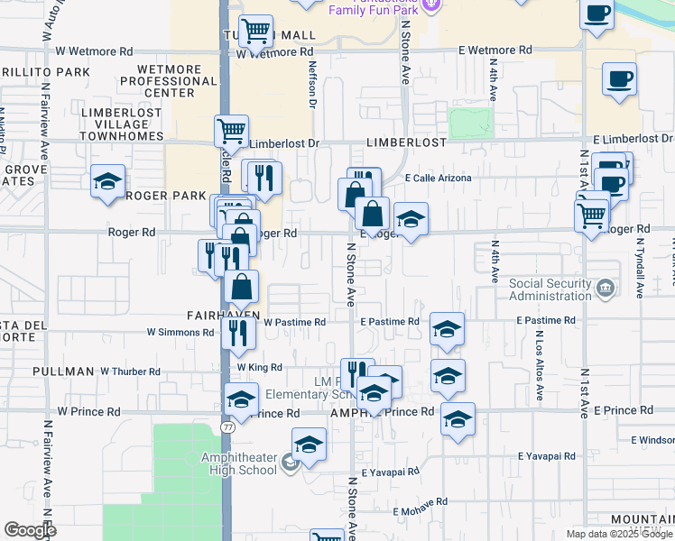 map of restaurants, bars, coffee shops, grocery stores, and more near 135 West Knox Drive in Tucson