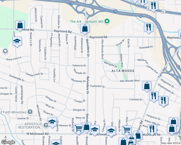 map of restaurants, bars, coffee shops, grocery stores, and more near 2224 Belvedere Drive in Jackson