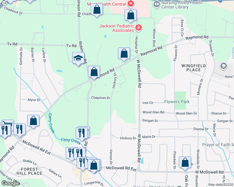 map of restaurants, bars, coffee shops, grocery stores, and more near 2190 Hickory Drive in Jackson