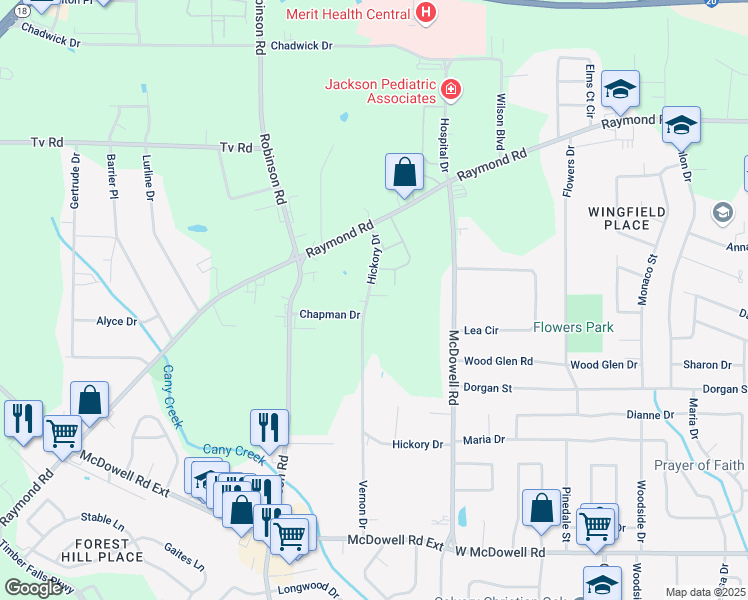 map of restaurants, bars, coffee shops, grocery stores, and more near 2190 Hickory Drive in Jackson