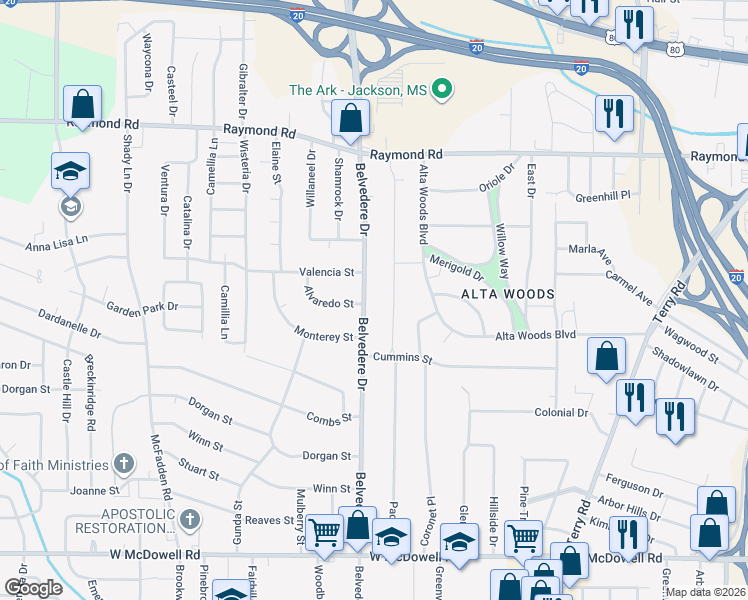 map of restaurants, bars, coffee shops, grocery stores, and more near 2224 Belvedere Drive in Jackson