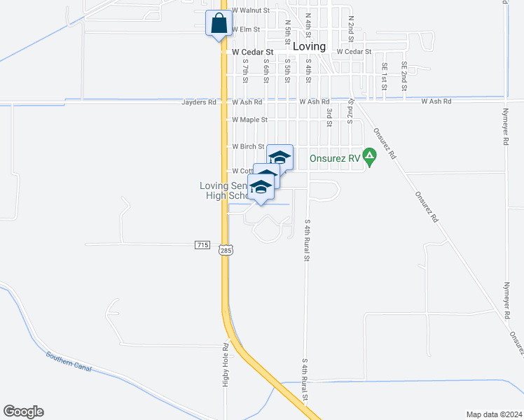 map of restaurants, bars, coffee shops, grocery stores, and more near 601 South 6th Street in Loving