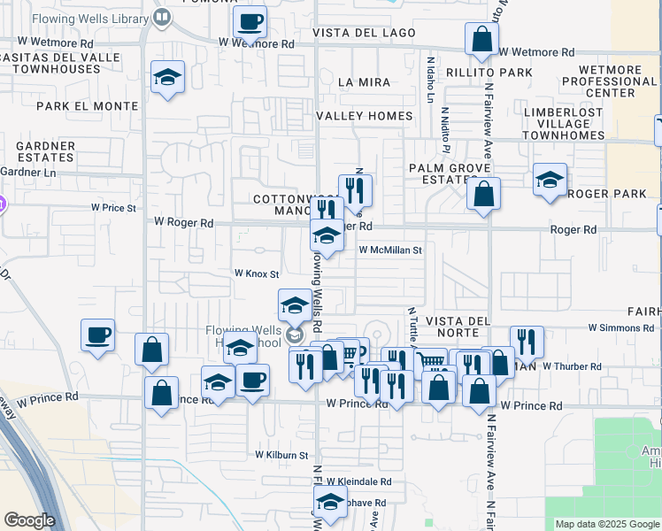 map of restaurants, bars, coffee shops, grocery stores, and more near 3902 North Flowing Wells Road in Tucson