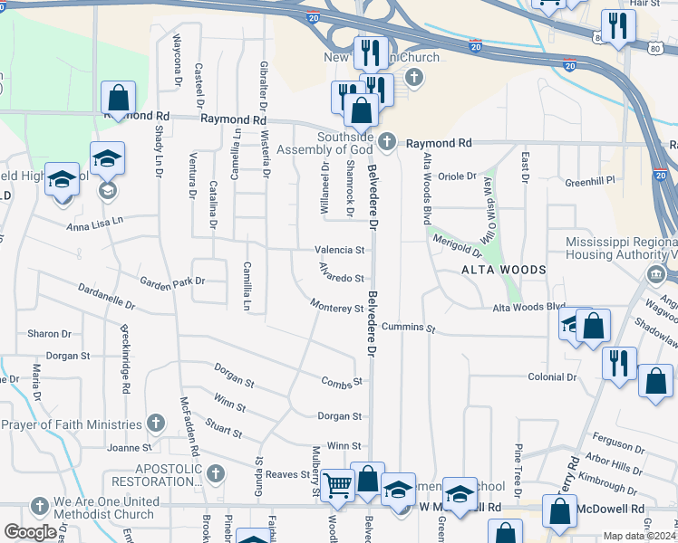 map of restaurants, bars, coffee shops, grocery stores, and more near 748 Alvaredo Street in Jackson