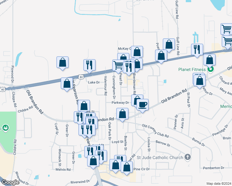 map of restaurants, bars, coffee shops, grocery stores, and more near 212 Cunningham Drive in Pearl