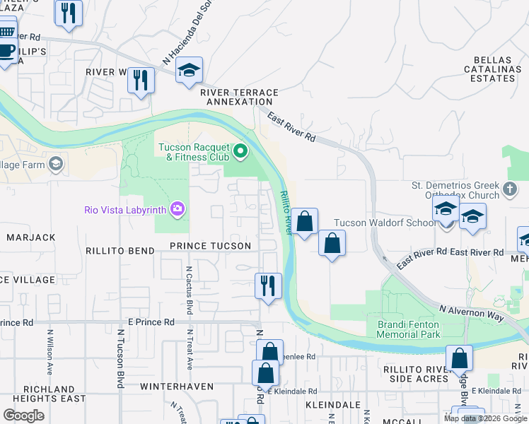 map of restaurants, bars, coffee shops, grocery stores, and more near 3109 East Oasis De Palmeras in Tucson